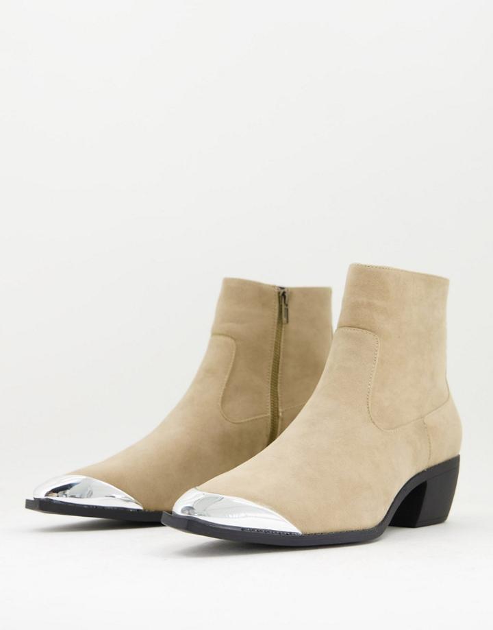 Asos Design Cuban Heel Western Chelsea Boots In Stone Faux Suede With Angular Sole And Metal Toe Cap-neutral