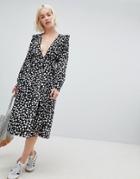 Glamorous Long Sleeve Midi Dress With Flutter Sleeves In Smudge Polka Dot-black