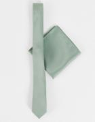 Asos Design Slim Satin Tie And Pocket Square In Sage Green