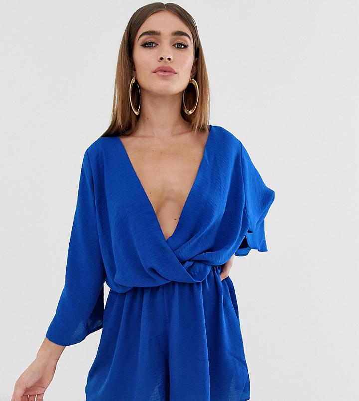 Asos Design Petite Wrap Blouson Sleeve Romper-blue