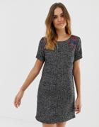 Naf Naf Dress With Floral Embroidery Shoulder Detail - Gray