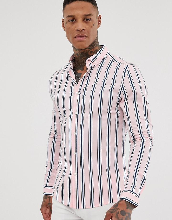 Asos Design Skinny Pink And Navy Stripe Shirt