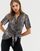 Allsaints Sirena Leopard Print Tie Front Shirt - Black