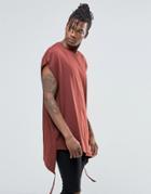 Asos Super Oversized T-shirt With Raw Neck And Shaped Hem With Hanging Ties - Red