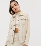Missguided Two-piece Denim Jacket With Fleece Collar And Contrast Stitch In Ecru - White