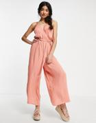 Asos Design Wrap Front Cami Culotte Trim Jumpsuit In Rust-brown