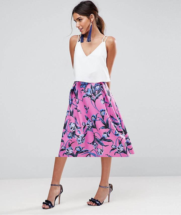 Asos Scuba Midi Prom Skirt With Scallop Hem In Floral Print - Pink