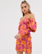 Asos Design Off Shoulder Long Sleeve Floral Mini Dress-multi