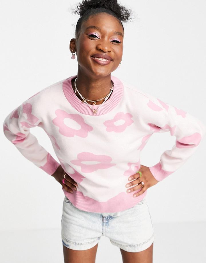 Liquorish Knitted Sweater With Floral In Pink-black