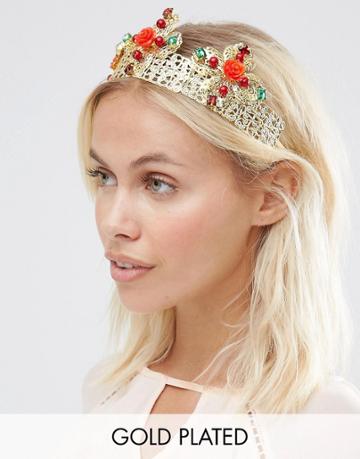 Neve & Eve Embellished Crown Headband Withrose Detail - Gold