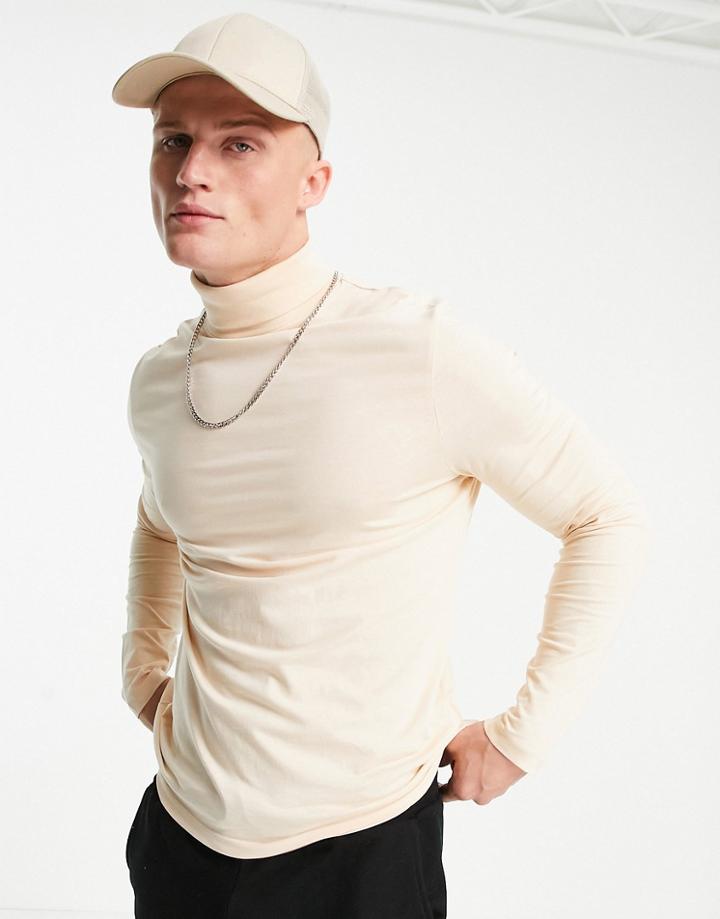 Asos Design Long Sleeve Roll Neck Top In Beige-neutral