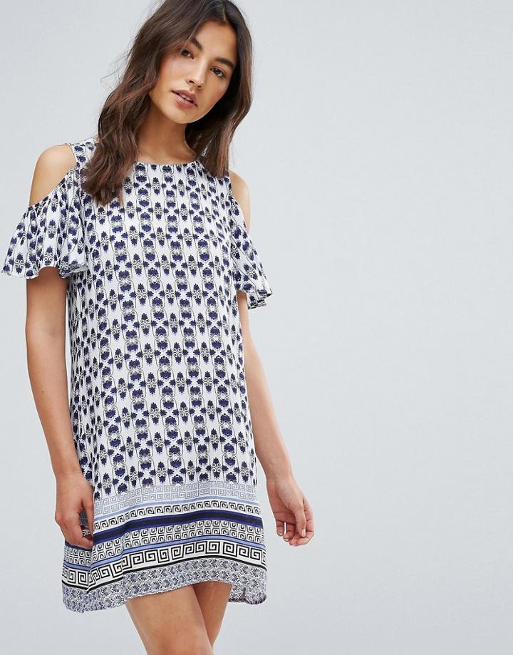 Qed London Printed Frill Cold Shoulder Dress - Blue