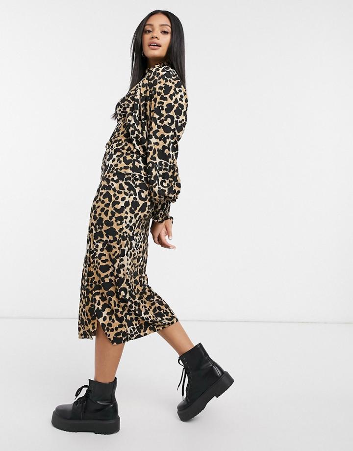Asos Design High Neck Midi Dress With Shirred Cuffs In Leopard Print-multi