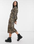 Asos Design High Neck Midi Dress With Shirred Cuffs In Leopard Print-multi