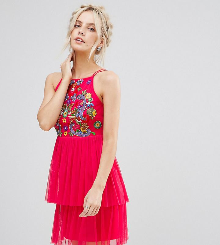 Frock And Frill Petite Embroidered Top Mini Skater Dress With Tulle Tiered Skirt-orange