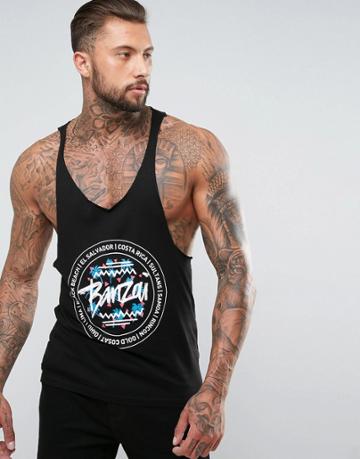 Asos Extreme Racer Back Tank With Banzai Print And Raw Edge - Black