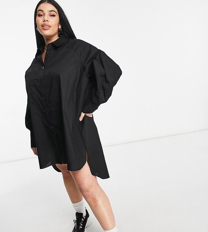 Threadbare Plus Size Oversized Balloon Sleeve Shirt Dress In Black