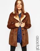 Asos Tall Coat In Faux Shearling With Panel Detail - Tan