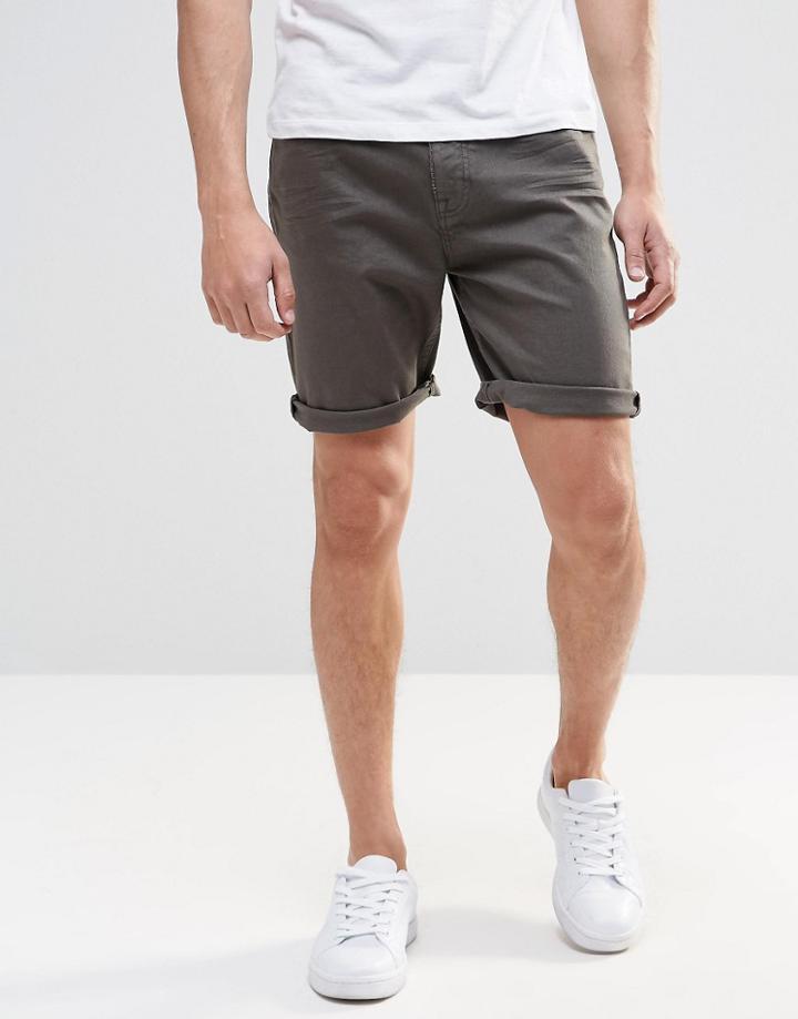 Asos Slim Denim Shorts In Dark Khaki - Forest Night