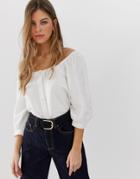 Asos Design 3/4 Sleeve Square Neck Top With Button Detail In Linen-white