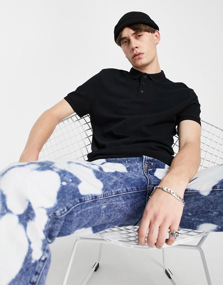 Asos Design Short Sleeve Pique Polo In Black