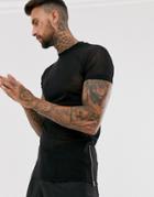 Asos Design Skinny Longline T-shirt With Stretch In Fine Mesh With Side Zips-black
