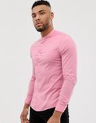 Asos Design Skinny Fit Shirt With Grandad Collar In Pink - Pink