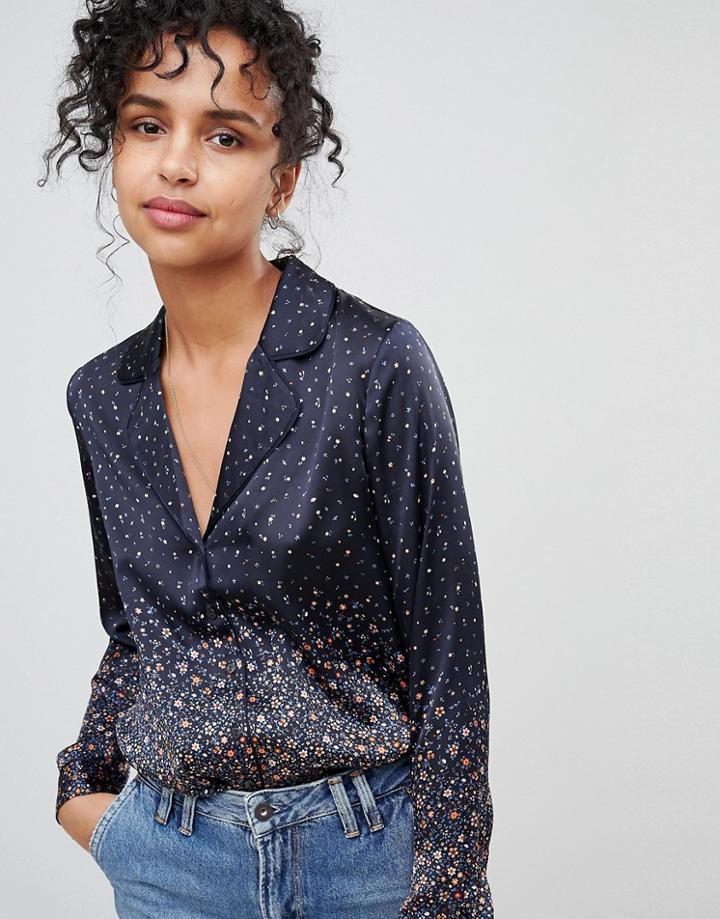 Pepe Jeans Elisa Floral Print Shirt With Rever Collar - Navy