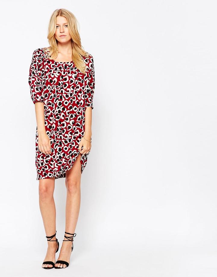 B.young 3/4 Sleeve Leopard Print Shift Dress - Royal Red