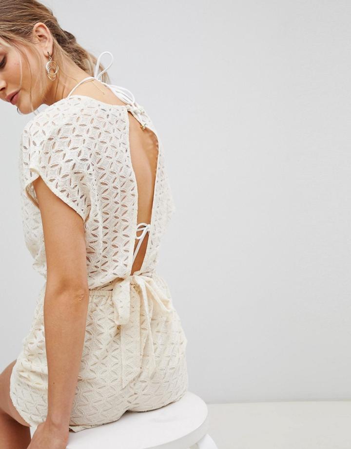 Boohoo Crochet Open Back Romper - Cream