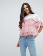 Asos T-shirt With Mesh And Lace Cami Layer - White