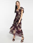 Asos Design Drape Detail Midi Dress In Textured Chiffon With Tie Detail In Berry Floral Print-multi