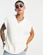 Topman Oversized V-neck Cable Knit Tank In Ecru-white