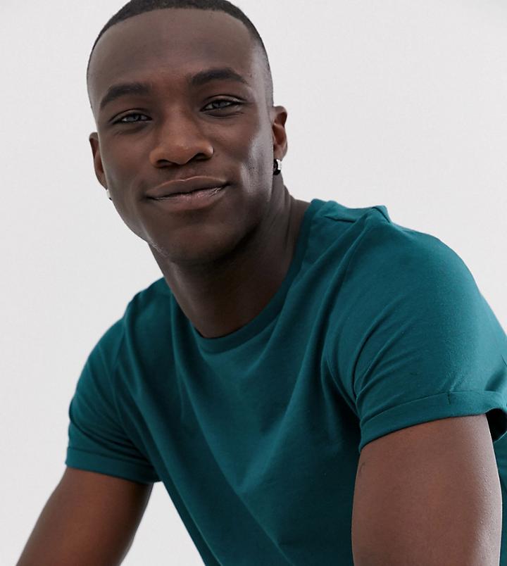 Asos Design Tall Crew Neck T-shirt With Roll Sleeve In Green