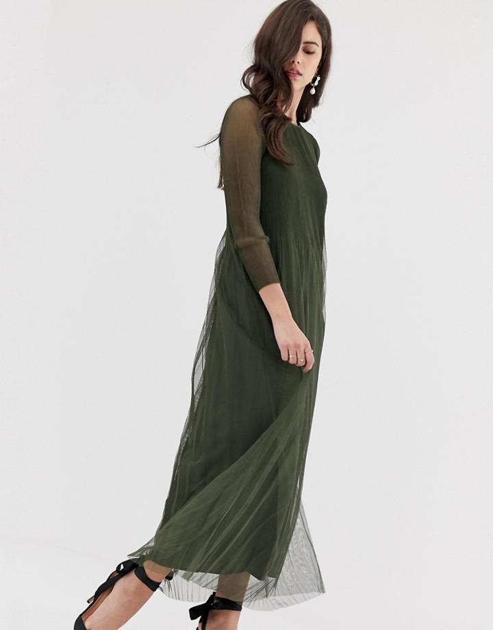 Y.a.s Pleated Tulle Sheer Maxi Dress - Green