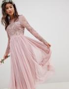 Asos Design Bridesmaid Embroidered Mesh Long Sleeve Midi Dress - Pink