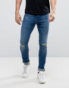 Redefined Rebel Skinny Fit Jeans In Dark Wash Blue With Distressing - Blue