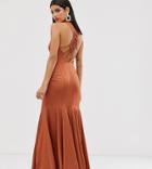 Asos Design Tall Maxi Dress With Fishtail Skirt And Macrame Back Detail-copper