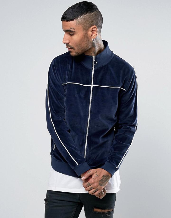 Asos Jersey Velour Track Jacket With Piping In Navy - Navy
