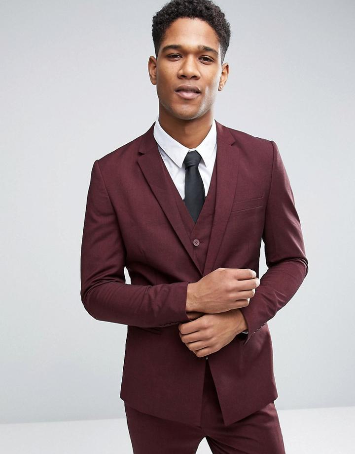 Only & Sons Skinny Suit Jacket With Square Hem In Marl - Red