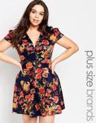 Club L Plus Pam Floral Skater Dress With Open Neck - Navy Floral