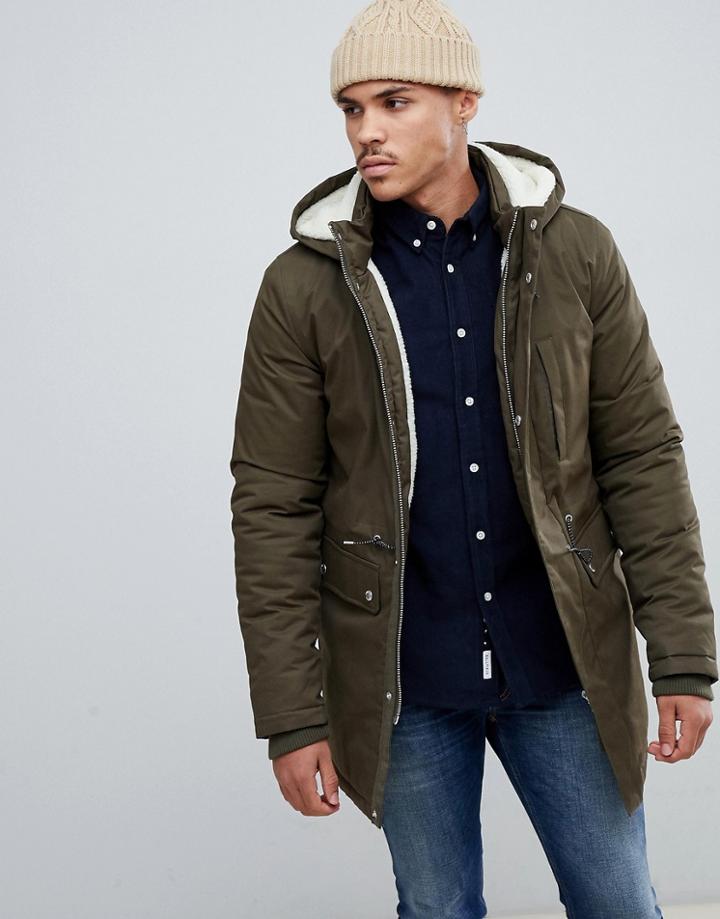 Bellfield Fleece Lined Parka With Hood In Khaki - Green