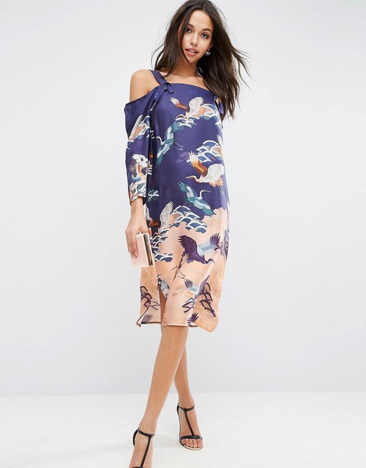 Asos Cold Shoulder Dress In Bird Floral Print - Multi