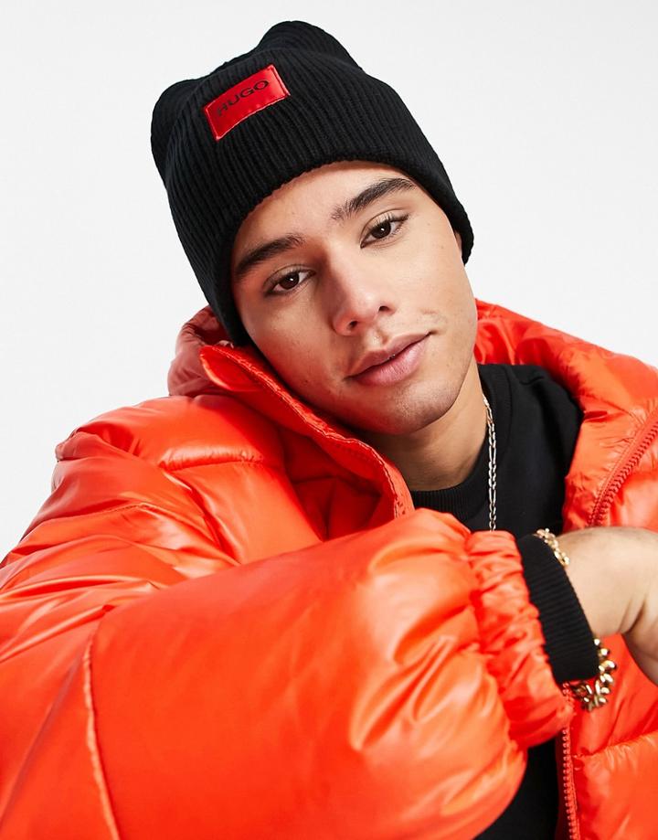 Hugo Xaff Contrast Box Logo Beanie In Black