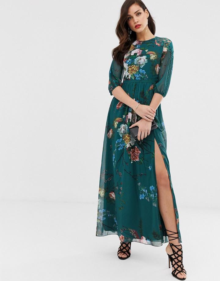 Little Mistress 3/4 Sleeve Floral Chiffon Maxi Dress-multi