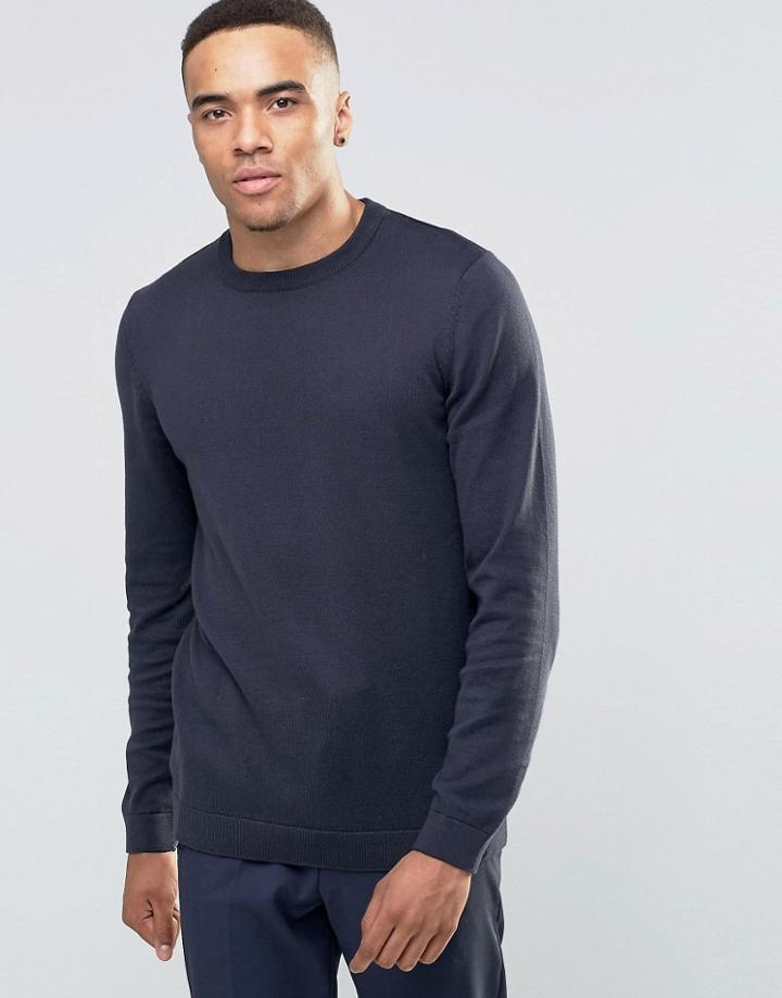 Asos Crew Neck Sweater In Navy Cotton - Navy