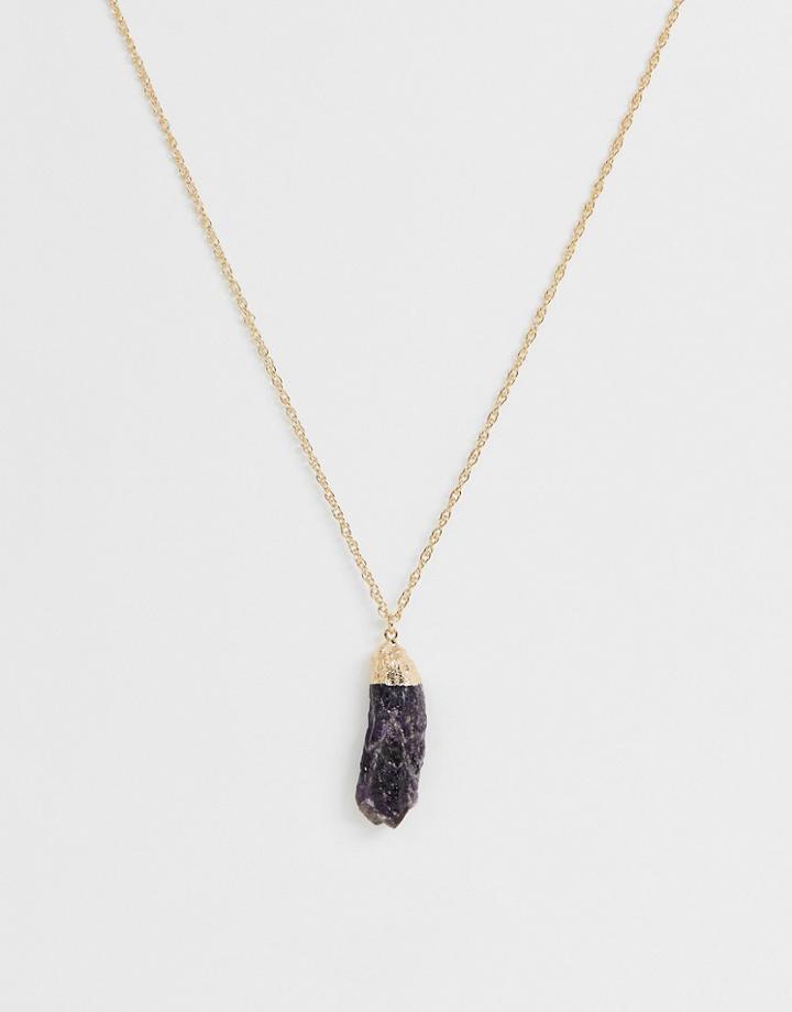 Asos Design Long Necklace With Semi-precious Stone Pendant In Gold Tone - Gold