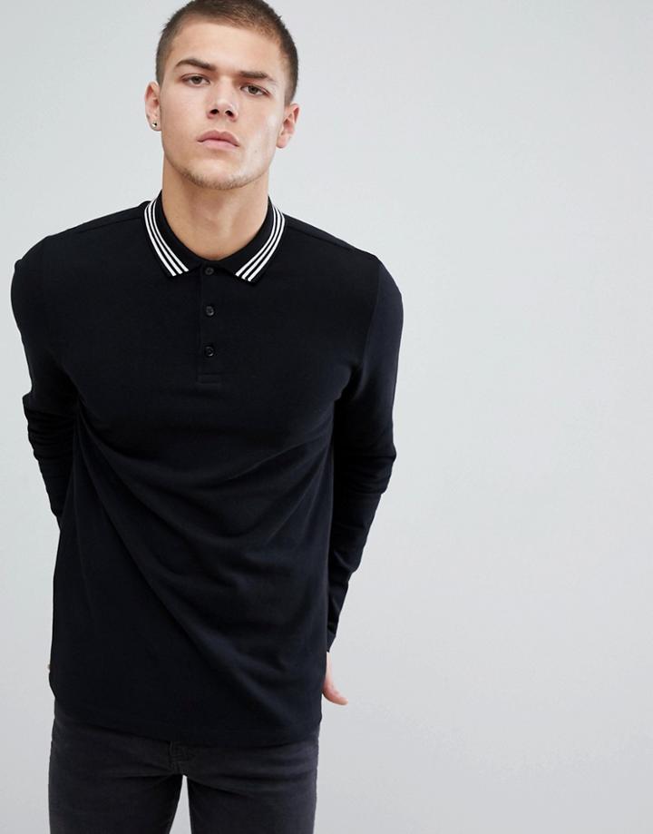 Asos Design Long Sleeve Pique Polo With Tipping In Black - Multi