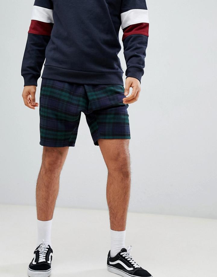 Asos Design Drop Crotch Shorts In Check With Asymmetric Front - Navy