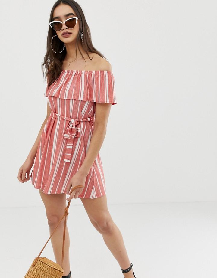 Asos Design Off Shoulder Pique Stripe Sundress With Belt